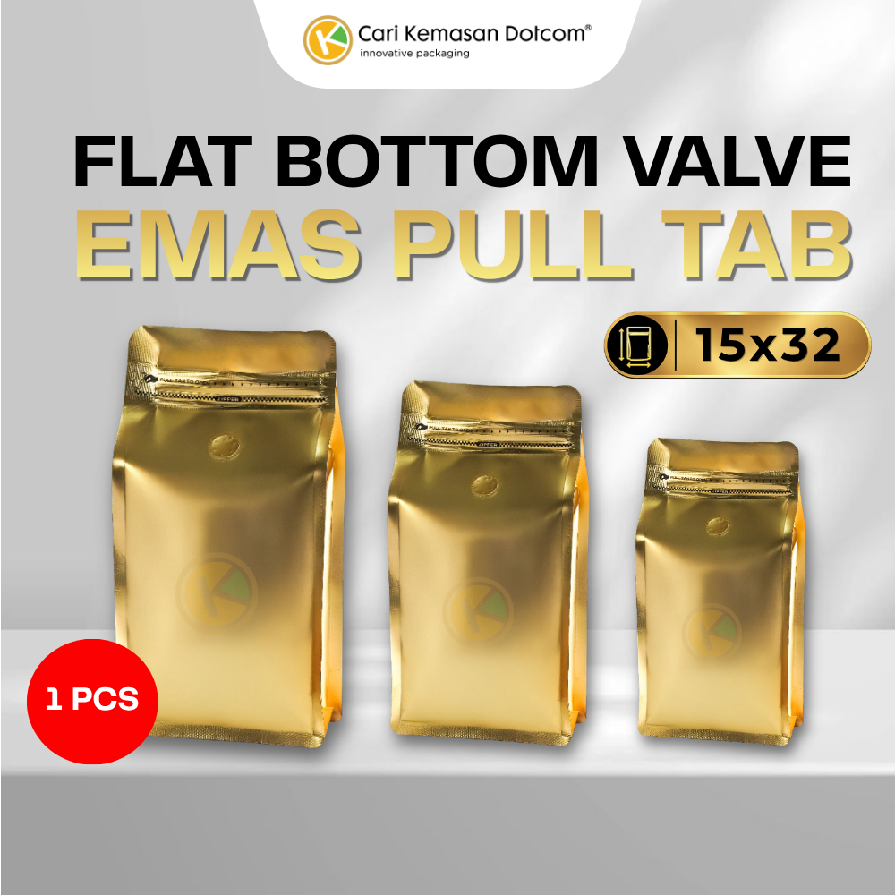 Flat Bottom 15 x 32 dengan Valve Kemasan Plastik Ziplock Warna Emas