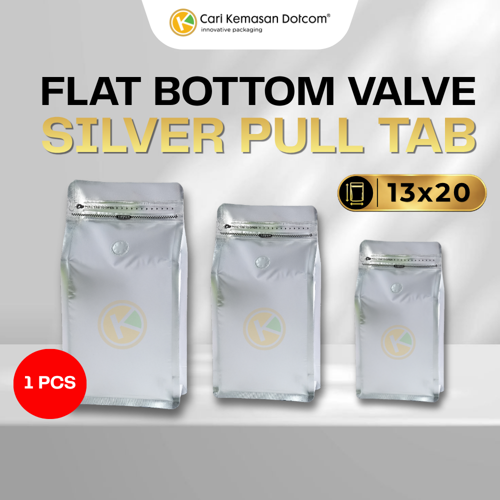 Flat Bottom 13 x 20 dengan Valve Kemasan Plastik Ziplock Warna Silver
