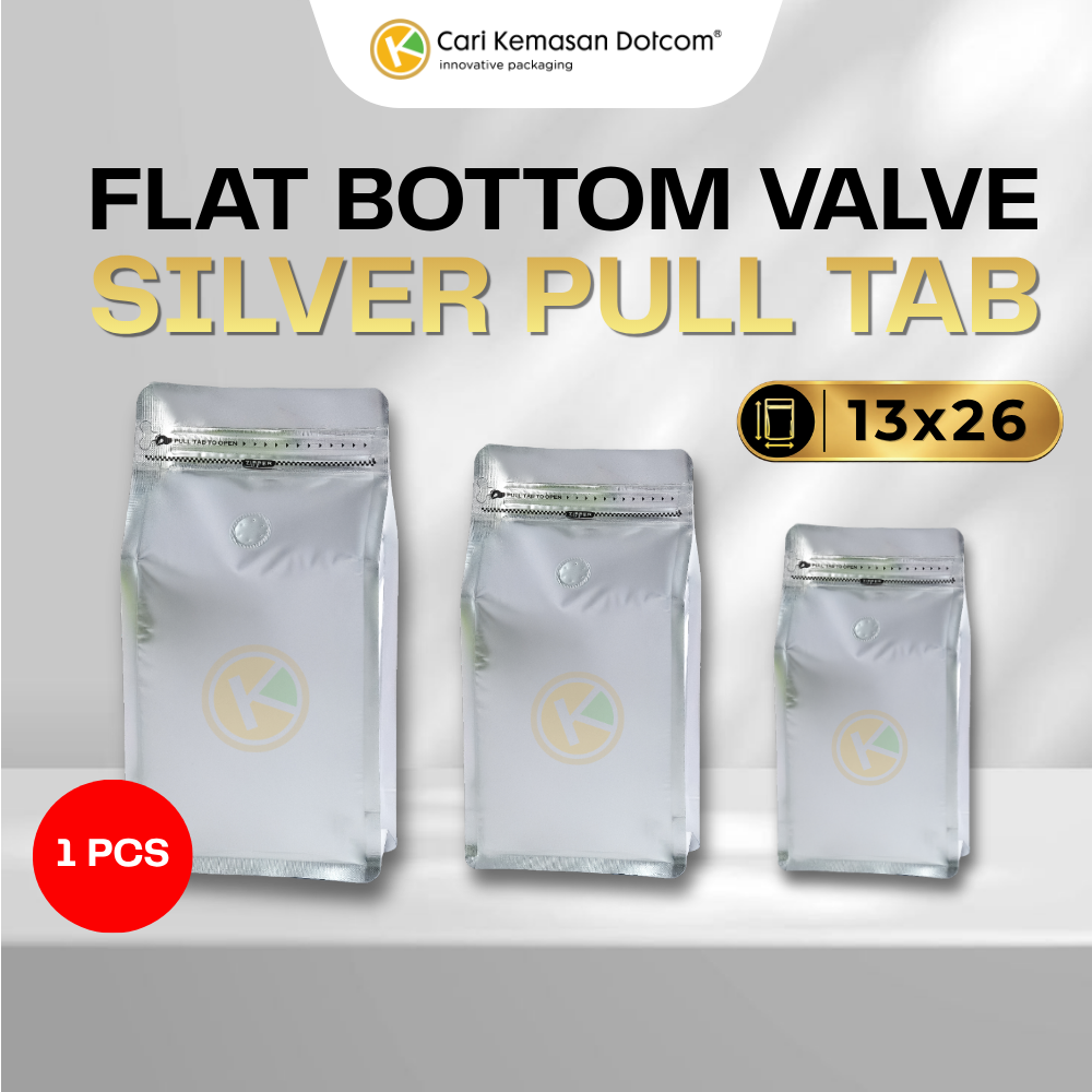Flat Bottom 13 x 26 dengan Valve Kemasan Plastik Ziplock Warna Silver