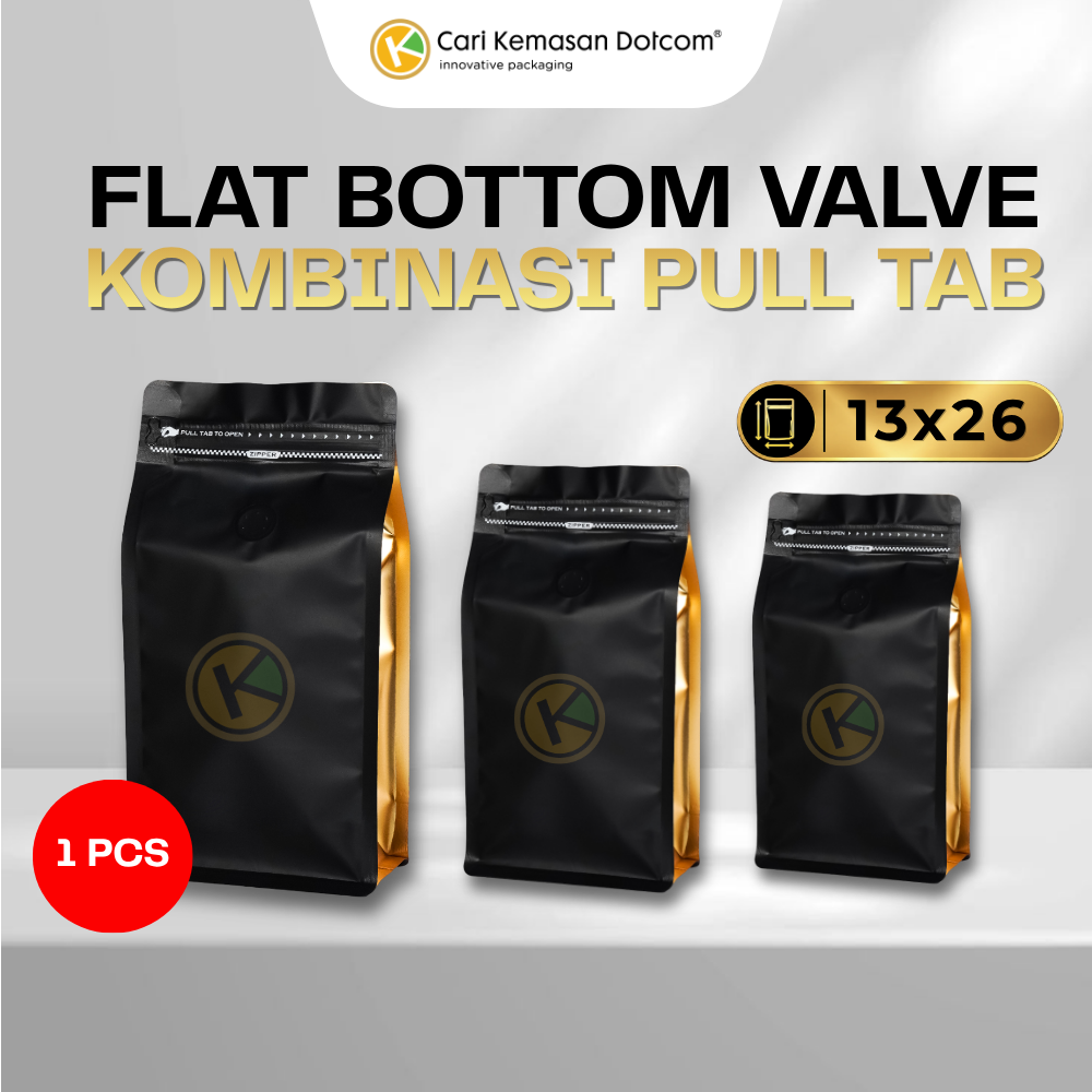 Flat Bottom 13 x 26 dengan Valve Kemasan Plastik Ziplock Warna Kombinasi Hitam dan Emas