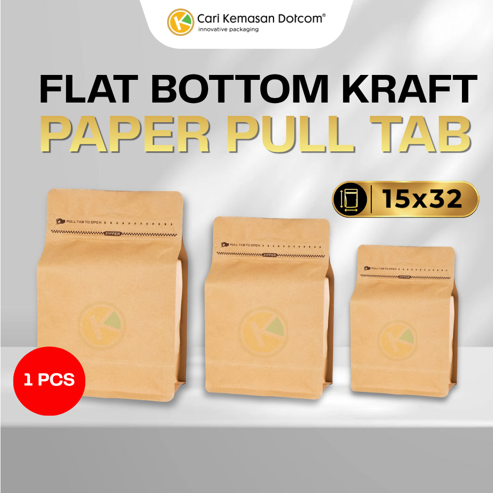 Flat Bottom 15 x 32 Kraft Paper Kemasan Plastik Ziplock Warna Coklat dengan Pull Tab