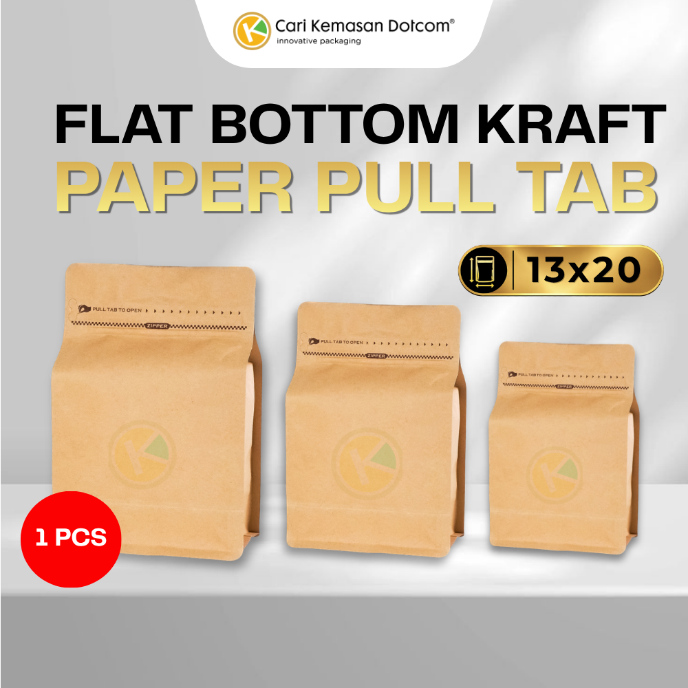 Flat Bottom 13 x 20 Kraft Paper Kemasan Plastik Ziplock Warna Coklat dengan Pull Tab