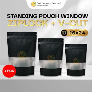 1 Standing Pouch 16 x 24 Kemasan Plastik Ziplock Window Warna Hitam
