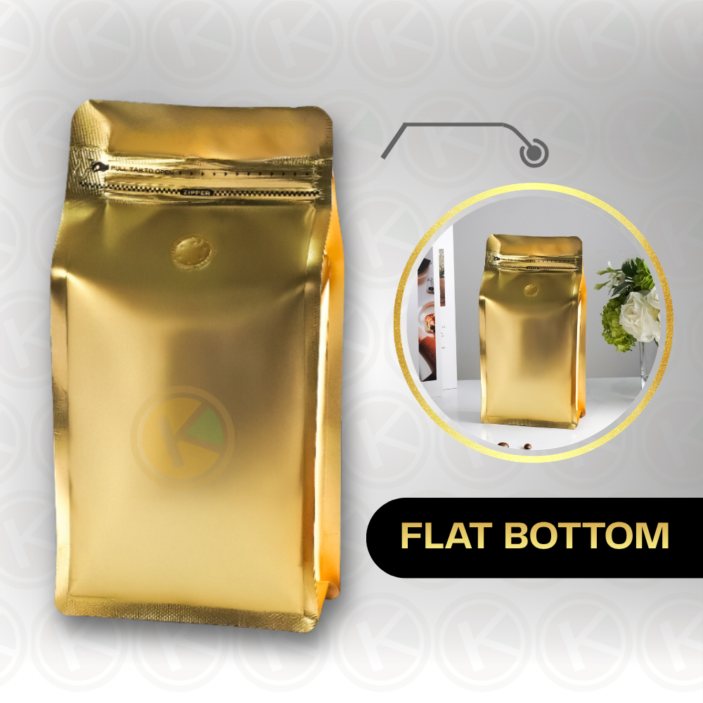 Flat Bottom 15 x 32 dengan Valve Kemasan Plastik Ziplock Warna Emas - Gambar 3