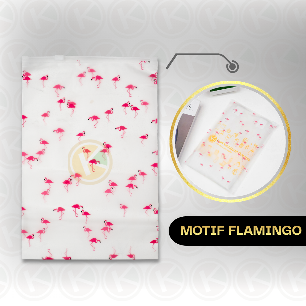 Zipper Bag 20 x 30 Frosted Matte Buram Transparan Motif Flamingo - Gambar 3