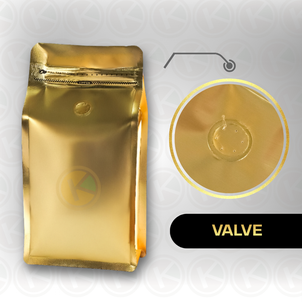 Flat Bottom 15 x 32 dengan Valve Kemasan Plastik Ziplock Warna Emas - Gambar 4