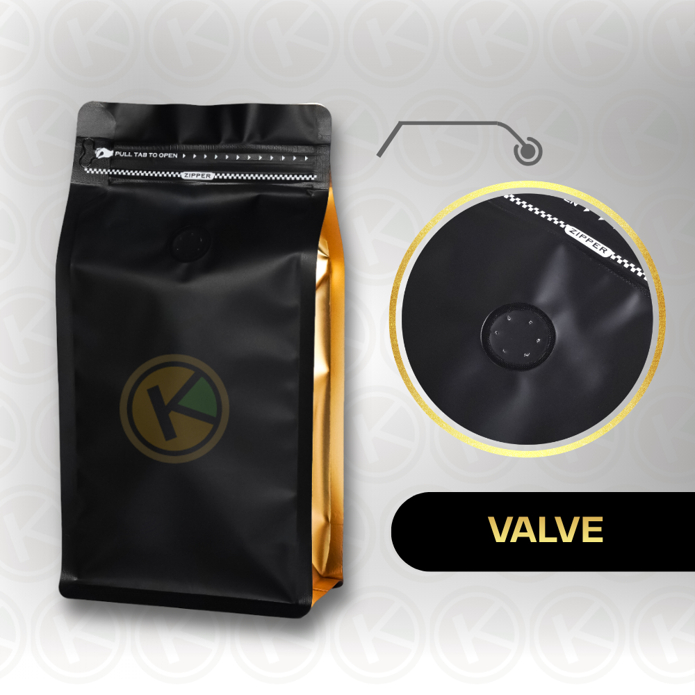 Flat Bottom 13 x 20 dengan Valve Kemasan Plastik Ziplock Warna Kombinasi Hitam dan Emas - Gambar 4