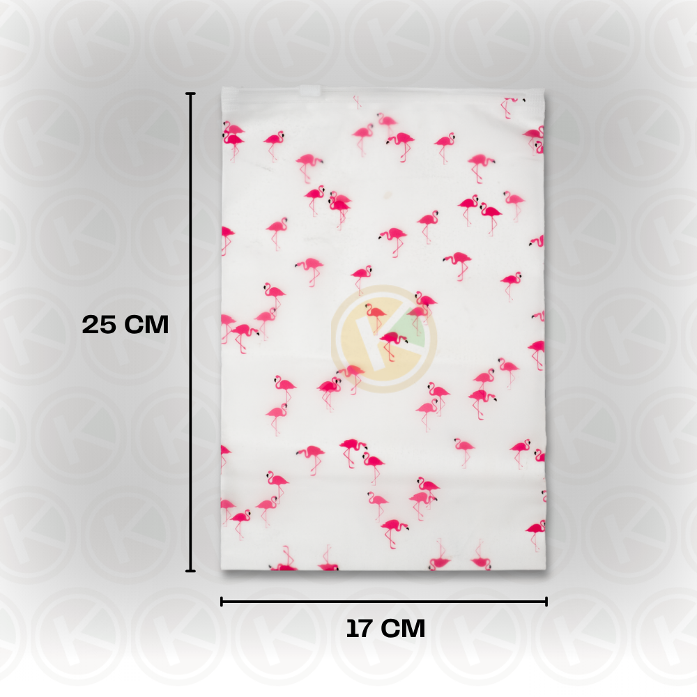 Zipper Bag 17 x 25 Frosted Matte Buram Transparan Motif Flamingo - Gambar 2