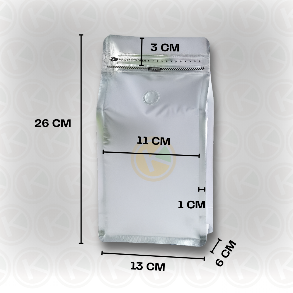 Flat Bottom 13 x 26 dengan Valve Kemasan Plastik Ziplock Warna Silver - Gambar 2