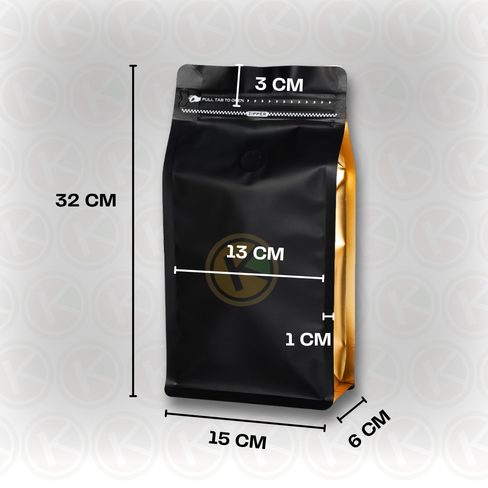 Flat Bottom 15 x 32 dengan Valve Kemasan Plastik Ziplock Warna Kombinasi Hitam dan Emas - Gambar 2