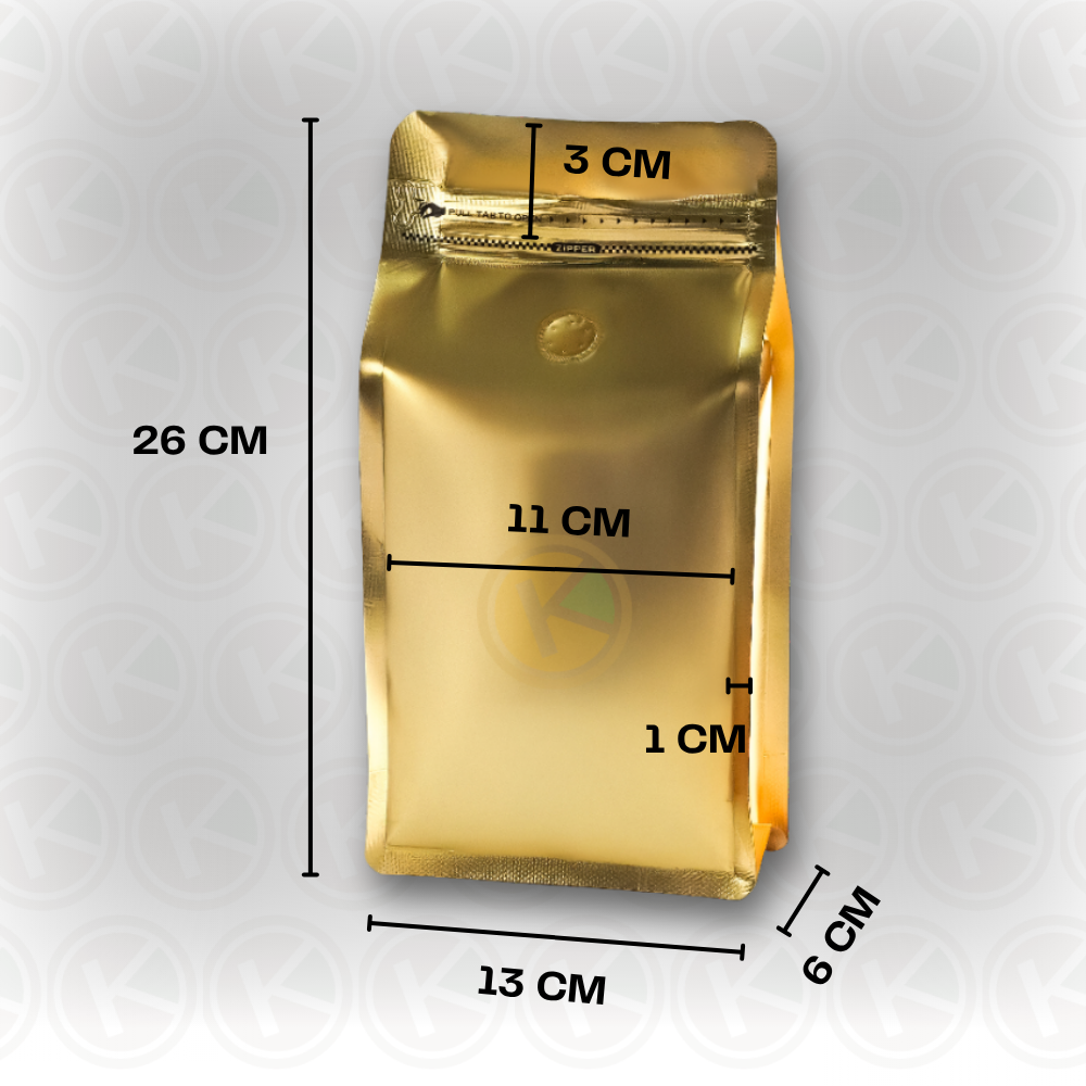 Flat Bottom 13 x 26 dengan Valve Kemasan Plastik Ziplock Warna Emas - Gambar 2