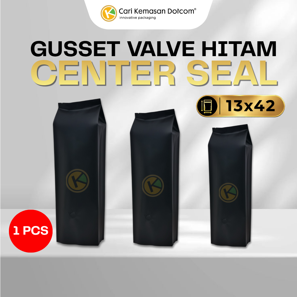 Gusset + Valve (13,5+7+1) x 42 Kemasan Plastik Metalized Hitam Doff