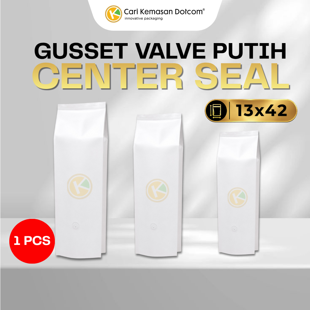 Gusset + Valve (13,5+7+1) x 42 Kemasan Plastik Metalized Putih Doff